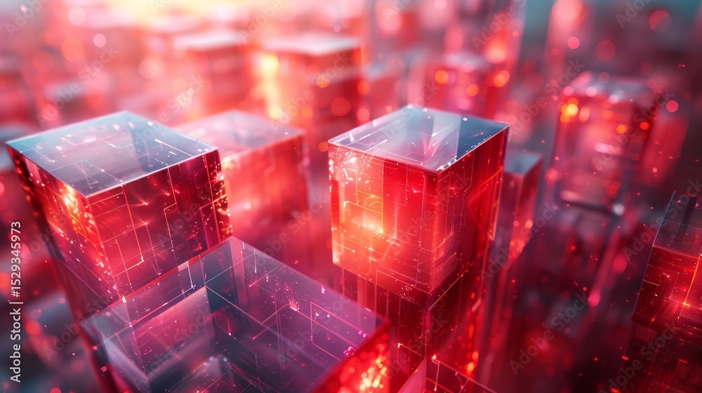 Wall mural an intricate array of transparent red cubes glimmers amidst an ethereal backdrop, creating an abstra