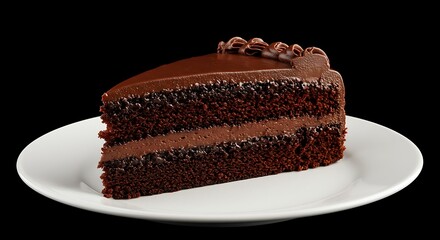 Delicious Slice of Chocolate Cake with Rich Frosting on White Plate Isolated on Black Background Sweet Indulgence Perfect for Dessert Treat