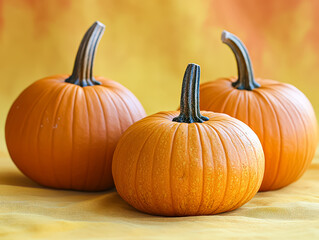 Three orange pumpkins are sitting on a yellow background. The pumpkins are all different sizes and are arranged in a row. The scene has a warm and inviting feeling