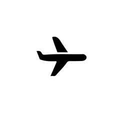 A simple black airplane icon isolated on a white background depicting air travel and transportation means