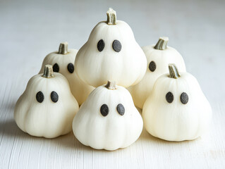 Group of white pumpkins with black eyes are arranged in a pyramid shape. The arrangement creates a spooky and eerie atmosphere, perfect for Halloween decorations