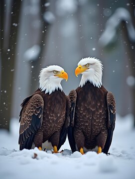 Majestic Bald Eagles in Snowy Forest Scene for Wildlife Photography and Nature Lovers