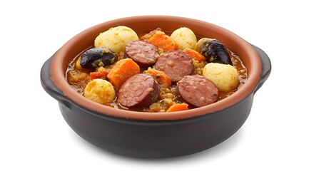 Traditional Sausage Stew with Vegetables in Clay Pot isolated on White Background for a Hearty and Healthy Meal