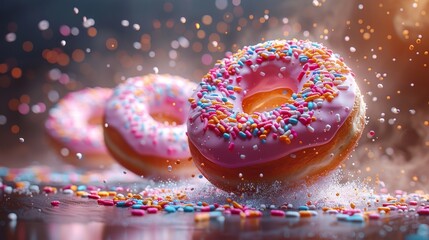 Three pink-frosted donuts adorned with colorful sprinkles are suspended mid-air, creating an enticing and dynamic visual filled with excitement and playful energy.