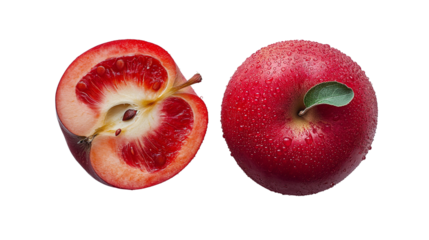 High-resolution dew effect on fresh red plums.  Transparent PNG.  Whole and sliced plum isolated on white background. Perfect for food packaging, healthy eating promotions, or editorial use.