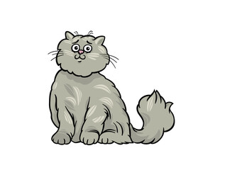 Cartoon Gray Long Hair Cat Posing With Curious Face