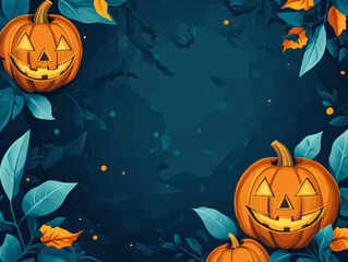 Blue background with three orange pumpkins on it. The pumpkins are smiling and the background is dark blue