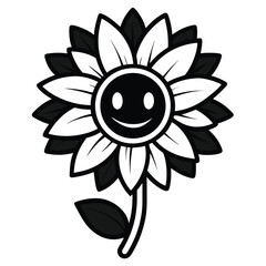 The monochrome sunflower blossom features a smiling face with white petals and leaves outlined in black
