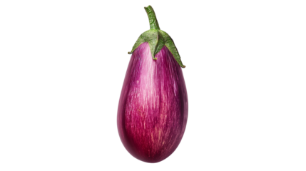 Bright studio lighting reveals rich purple gradients.  Transparent PNG.  Single striped eggplant on white background. Ideal for food packaging, nutrition blogs, and vegetarian recipe visuals.