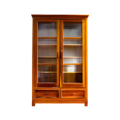 A wooden cabinet with glass doors