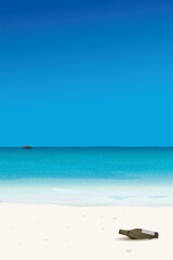 A letter in a bottle of liquor at white sand beach and tropical blue sea have blue sky vertical background graphic illustration.
