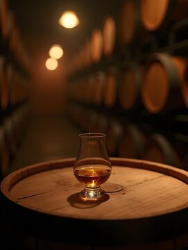 Whisky glass on wooden barrel in cellar with barrels in background celebrating world whisky day with warm light and cozy atmosphere