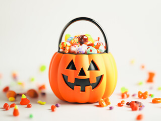 Pumpkin with a smiley face on it is filled with candy. The candy is scattered all over the pumpkin, creating a festive and fun atmosphere