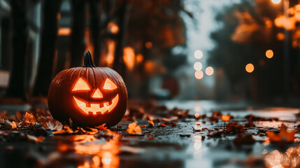 Pumpkin with a smiley face is placed on the ground in front of a street. The pumpkin is orange and has a happy expression, which adds a festive and cheerful atmosphere to the scene