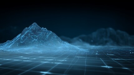 Digital wireframe landscape on dark background