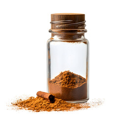 Glass Spice Jar Spilling Cinnamon Powder – Tilted Bottle with Loose Spice, Isolated on Transparent Background, 8K PNG