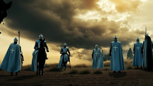 Knights in Full Armor Holding Sword Against Stormy Sky