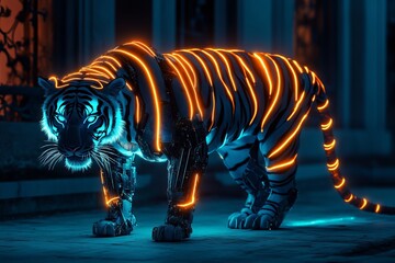 Futuristic cyber tiger with glowing neon stripes and robotic armor walking through dark forest terrain at night