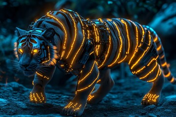 Futuristic cyber tiger with glowing neon stripes and robotic armor walking through dark forest terrain at night