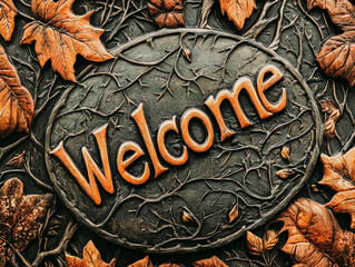 Welcome sign with leaves and branches on it. The sign is made of metal and has the word welcome written on it