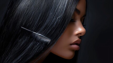 Close up of rich glossy jet black straight hair emphasizing flawless texture and silky softness
