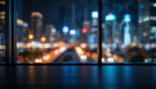 Blurred city lights view from an office window creating elegant night ambience