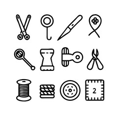 Obraz premium Sewing Vector Icon Set | Adjustable Line Weight | Needle, thread, scissors, fabric, sewing machine, buttons, yarn, zipper, measuring tape, tailoring, fashion, craft, hobby icons