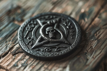 Black coin with a skull and a cross on it. The coin is sitting on a wooden surface
