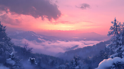 Winter mountain landscape at pink sunset