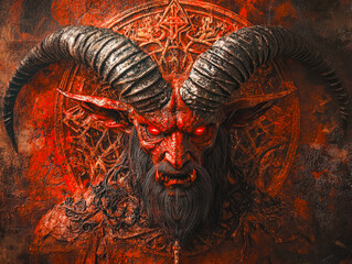 Demonic looking face with horns and red eyes. The face is surrounded by a circle with a cross in the center