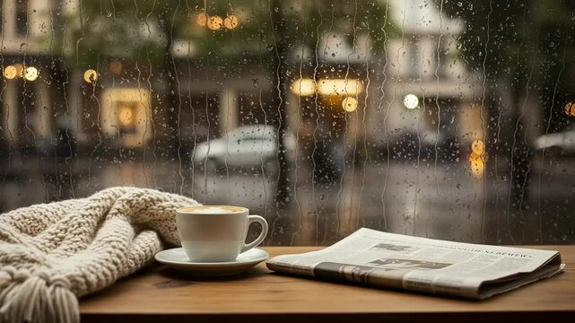 Rainy day cafe scene with coffee and newspaper
