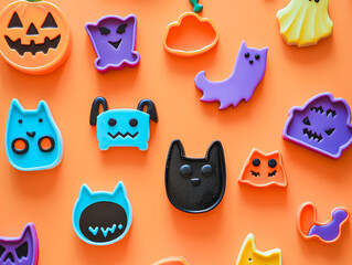 Collection of Halloween themed cat figurines are displayed on an orange background. The figurines are of various sizes and colors, including black, blue, and orange. Scene is festive and playful