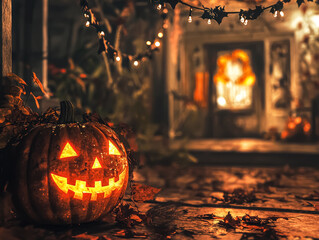 Pumpkin with a smiley face on it is sitting on a porch. The porch is lit up with lights, creating a warm and inviting atmosphere. The scene is set in the fall, with leaves scattered around the area