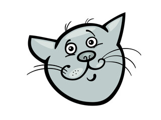Cartoon Grey Cat Head with Big Eyes Smiling Face