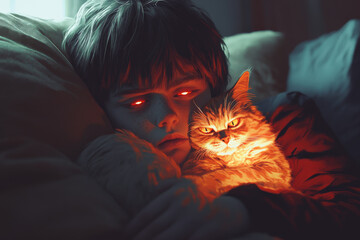 Young boy is holding a cat that is glowing red. Scene is eerie and unsettling, as the cat's glowing eyes seem to be piercing the viewer's soul. The boy's expression is also unsettling