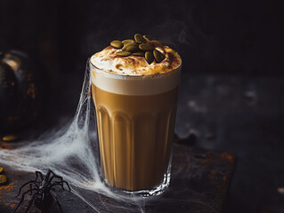 Cup of coffee with a spider web design on it. The coffee is steaming and has a spooky vibe