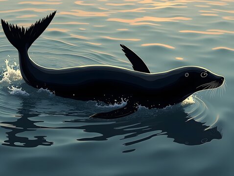 Sea Lion Hunting Body streamlined with head submerged, using flippers to chase fish or other prey. full length silhouette black illustration