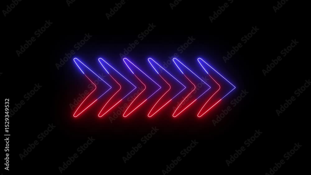 Poster glowing neon arrows pointing rightward on black background representing progress and direction. glow