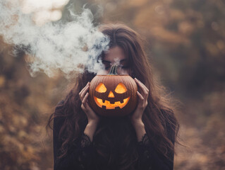 Woman is holding a pumpkin with a lit candle inside of it. The smoke from the candle is filling the air around her
