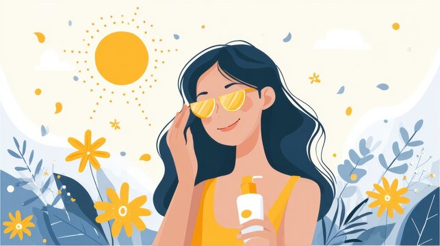 Daily Sunscreen Use Benefits Highlighted With Cheerful Illustration of a Woman Applying Sunscreen in a Sunny Outdoor Setting