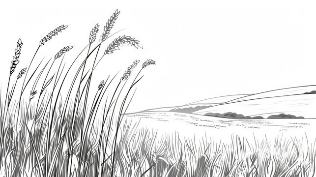 Black ink wheat field sketch, hand-drawn ears in meadow, nature background with sky and clouds.
