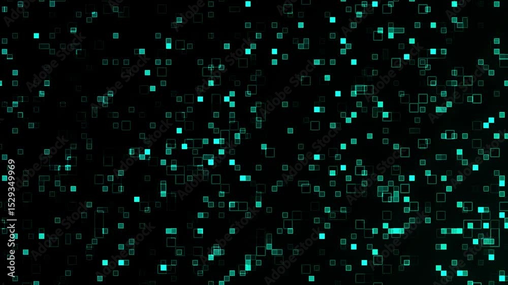 Poster abstract animated background featuring glowing teal squares in a digital data stream flowing in cybe
