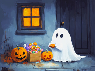 Ghost is standing in front of a house with a pumpkin and a box of candy. The ghost is holding a hot dog in its hand