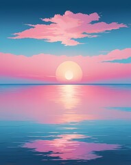 A serene seascape painting featuring a gentle sunrise and pink hued clouds reflecting softly on the still ocean