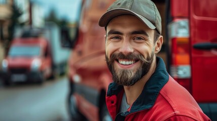 A happy man in a red uniform smiles broadly, exuding positivity while leaning against a delivery van, symbolizing dedication and the spirit of community service.