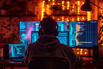 A coder sits focused at multiple screens in a dimly lit tech workspace, illustrating dedication and creativity in the world of technology and programming at late hours.
