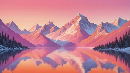 Selbstklebende Fototapeten Serene mountain landscape reflecting on calm waters under a pastel sunrise © Dilan