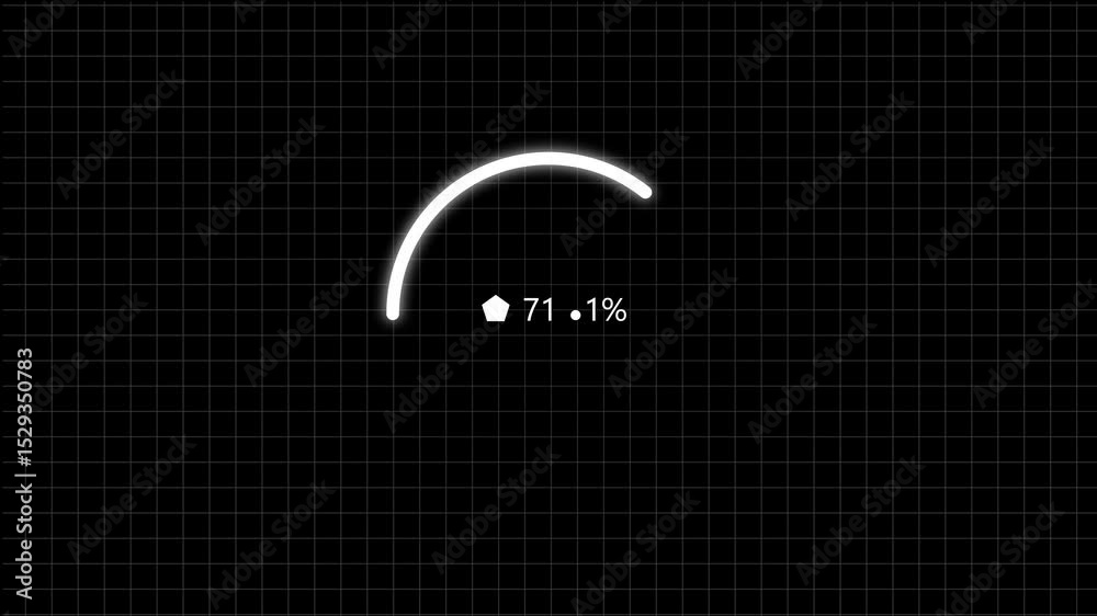 Poster animated loading circle with percentage progress displaying information on a black grid background