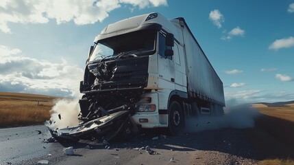 A heavily damaged semi-truck stands on the side of the road after a serious traffic accident.
