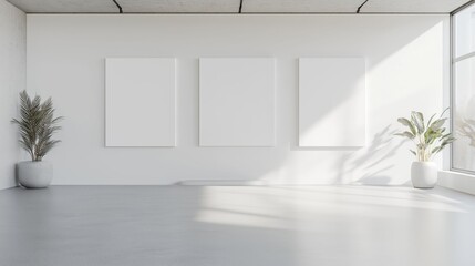 A white room with three blank white canvases, ready for art and creativity.